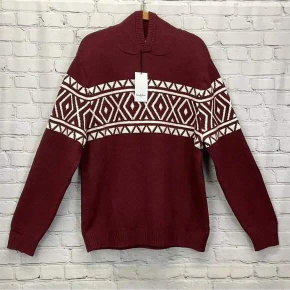 Goodfellow Knit Hooded Sweater Mens Size XXL Burgundy/White Pullover Soft Preppy - Picture 2 of 11